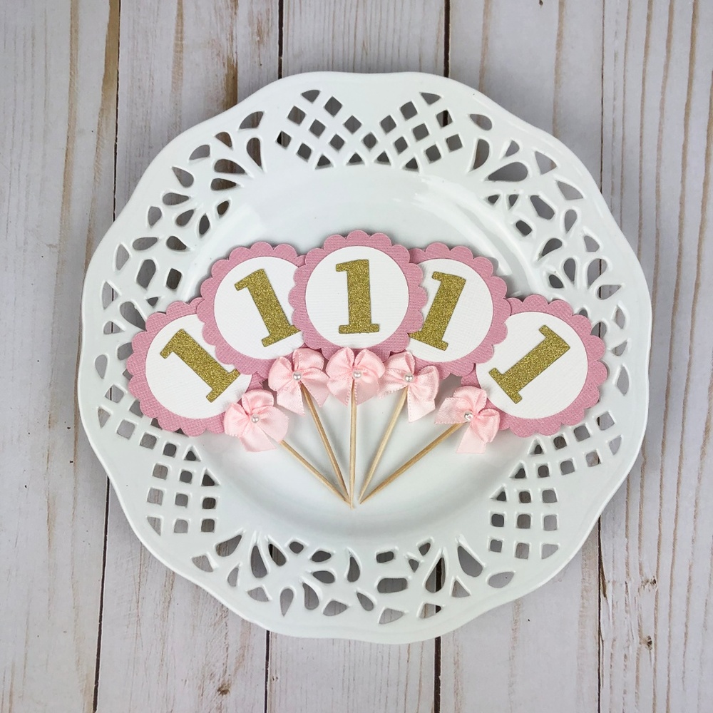 First Birthday Pink Gold One Cupcake Toppers 12 ct